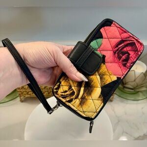 Vera Bradley - Quilted Black/Red/Yellow Rose Phone Wristlet/Wallet EUC